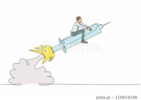 Single continuous line drawing of businessman riding syringe rocket flying in the sky. Concept of boosting health, vaccines, viruses, medicine. Dynamic one line draw graphic design vector illustration 110658286