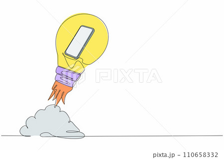 Continuous one line drawing of smartphone launching with light bulb. Successful business project start up, boost technology, innovation strategy release. Single line design vector graphic illustration 110658332
