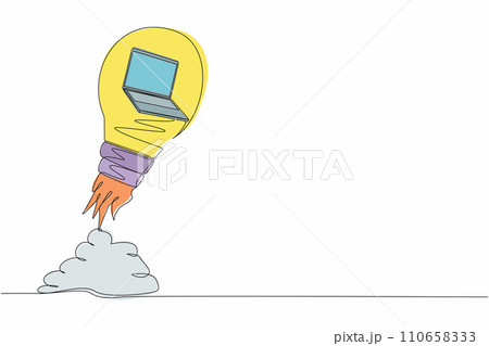 Single one line drawing laptop launching with light bulb. Business project startup, financial planning, idea development process, strategy, management. Continuous line draw design vector illustration 110658333