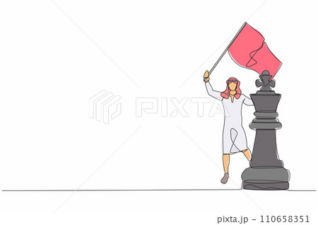 Single continuous line drawing Arabian businessman waving flag on king chess piece metaphor of win competition. Successful and superiority in business. One line draw graphic design vector illustration 110658351