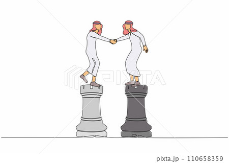 Single one line drawing Arabian businessman leader shaking hand on rook chess. Partnership decision, collaboration strategy to success together concept. Continuous line draw design vector illustration Single one line drawing Arabian businessman leader shaking hand on rook chess. Partnership decision, collaboration strategy to success together concept. Continuous line draw design vector illustration 110658359