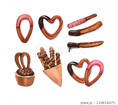 Churros sticks, hearts fried sweet biscuit dipped in chocolate sauce and strawberry pink syrup. Watercolor hand-drawn illustration isolated on white background. Desserts in Spanish or Mexican cuisine 110658475
