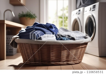 Laundry basket on the background of the washing machine. Laundry basket on the background of the washing machine. 110658531