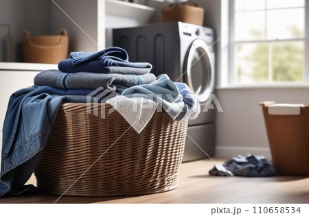 Laundry basket on the background of the washing machine. 110658534