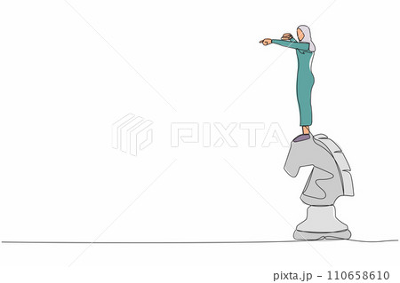 Single continuous line drawing visionary Arabian businesswoman on top of horse chess piece pointing and using binoculars, looking for success, business opportunity. One line design vector illustration 110658610
