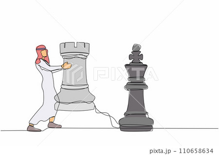 Single continuous line drawing Arab businessman holding rook chess piece. Strategic planning, business development game strategy, tactics in entrepreneurship. One line draw design vector illustration Single continuous line drawing Arab businessman holding rook chess piece. Strategic planning, business development game strategy, tactics in entrepreneurship. One line draw design vector illustration 110658634