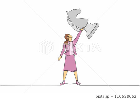 Single one line drawing young businesswoman holding horse chess piece. Successful entrepreneurship tactics or strategy, superiority in business. Continuous line draw design graphic vector illustration 110658662
