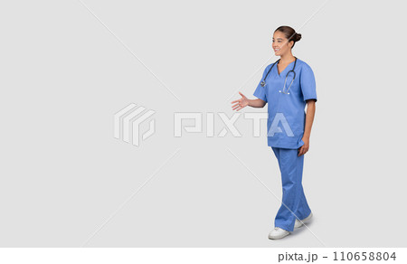 Positive friendly millennial caucasian woman nurse with stethoscope 110658804