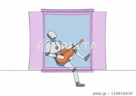 Single one line drawing robot sitting on windowsill playing guitar and sing song. Relaxation, comfort, romantic. Modern robotic artificial intelligence. Continuous line draw design vector illustration 110658830