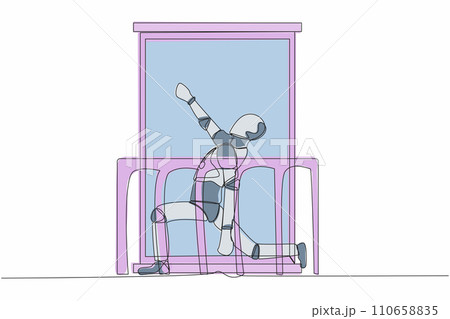 Continuous one line drawing robot with headphone practices yoga near window or balcony. Sports, workout, exercise activity. Humanoid robot cybernetic organism. Single line design vector illustration Continuous one line drawing robot with headphone practices yoga near window or balcony. Sports, workout, exercise activity. Humanoid robot cybernetic organism. Single line design vector illustration 110658835