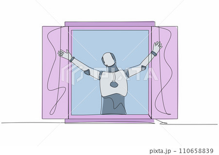 Single one line drawing happy robot looking out of window meet new day breathe fresh air. Robot artificial intelligence. Electronic technology industry. Continuous line draw design vector illustration 110658839