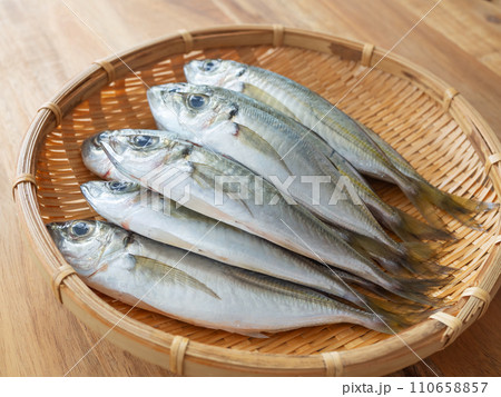 竹ざるに盛られた新鮮なアジ 竹ざるに盛られた新鮮なアジ 110658857