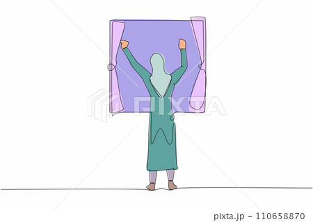 Single one line drawing back view young Arab woman stretching arms in window after good night sleep. Relaxed female standing at window to get fresh air. Continuous line draw design vector illustration 110658870