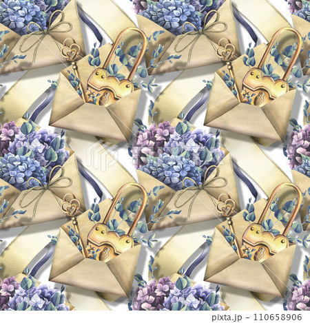 Papyrus paper, craft envelopes with golden keys and locks with hydrangea and eucalyptus flowers. Hand drawn watercolor illustration. Seamless pattern, background 110658906