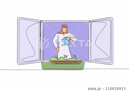 Continuous one line drawing Arab man watering flowers on the balcony. Young guy doing gardening favorite hobby. Home green garden, house plants growing. Single line design vector graphic illustration 110658913