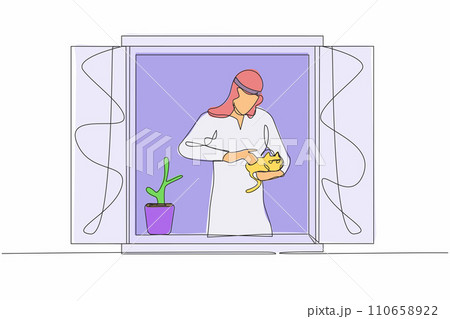 Continuous one line drawing Arab man with plant holding cat and looking through window. Stay home during pandemic. Coronavirus quarantine isolation warning. Single line draw design vector illustration Continuous one line drawing Arab man with plant holding cat and looking through window. Stay home during pandemic. Coronavirus quarantine isolation warning. Single line draw design vector illustration 110658922