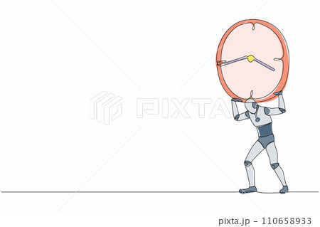 Single one line drawing tired robot carrying heavy clock on his back. Robot work within deadline and timeline, under pressure. Robotic artificial intelligence. Continuous line draw design illustration Single one line drawing tired robot carrying heavy clock on his back. Robot work within deadline and timeline, under pressure. Robotic artificial intelligence. Continuous line draw design illustration 110658933