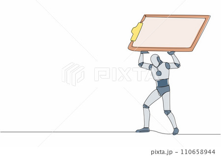 Continuous one line drawing tired robot carrying heavy clipboard on his back. Busy robot with checklist tasks document. Humanoid robot cybernetic organism. Single line draw design vector illustration 110658944