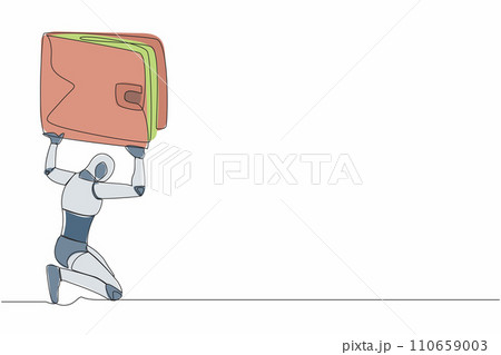 Single continuous line drawing tired robot carrying heavy wallet on his back. Financial economic crisis at tech industry. Artificial intelligence machine learning. One line design vector illustration 110659003