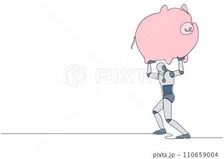 Continuous one line drawing tired robot carrying heavy piggy bank on his back. Broke and financial problems in tech industry. Future robotic development. Single line design vector graphic illustration 110659004