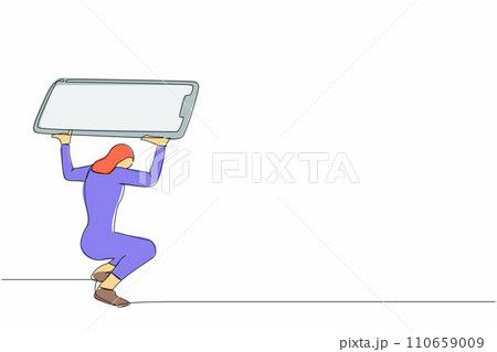 Single continuous line drawing Arab businesswoman carrying heavy smartphone on her back. Feeling stressed and tired. Exhaustion, depression, overwork problem. One line draw design vector illustration 110659009