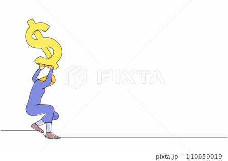 Continuous one line drawing Arab businesswoman carrying heavy dollar symbol on her back. Overloaded worker, difficult burden and debt pressure. Economic crisis. Single line design vector illustration Continuous one line drawing Arab businesswoman carrying heavy dollar symbol on her back. Overloaded worker, difficult burden and debt pressure. Economic crisis. Single line design vector illustration 110659019