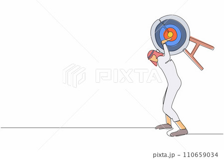 Single continuous line drawing Arabian businessman carrying heavy bullseye target on his back. Hard work achieve business mission. Exhausted challenge to win. One line draw design vector illustration 110659034