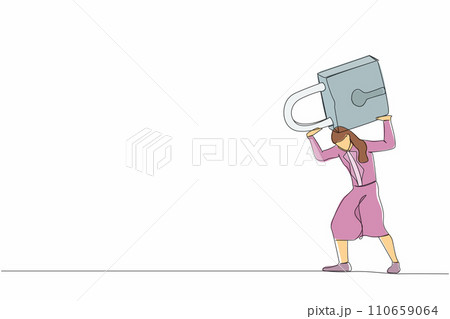 Single one line drawing frustrated businesswoman carrying padlock on her back. Business closing down or bankruptcy in Covid-19 pandemic lockdown crisis. Continuous line draw design vector illustration 110659064