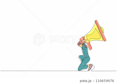 Single one line drawing frustrated businesswoman carrying megaphone on her back. Conflict and trouble in communication. Bullying, harassment at work. Continuous line design graphic vector illustration Single one line drawing frustrated businesswoman carrying megaphone on her back. Conflict and trouble in communication. Bullying, harassment at work. Continuous line design graphic vector illustration 110659076