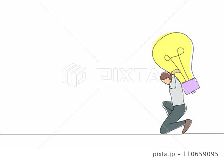 Single continuous line drawing exhausted businessman carrying heavy light bulb on his back. Uninspired or no idea after business failure, burnout in crisis. One line graphic design vector illustration 110659095
