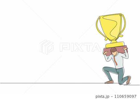 Continuous one line drawing exhausted businessman carrying heavy trophy on his back. Entrepreneur failed to win competition or business goals achievement. Single line draw design vector illustration 110659097