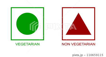 Vegetarian and non-vegetarian symbols. Sticker templates for vegan and non-vegan food. Green circle and red triangle in square frames isolated on white background. Vector flat illustration Vegetarian and non-vegetarian symbols. Sticker templates for vegan and non-vegan food. Green circle and red triangle in square frames isolated on white background. Vector flat illustration 110659115