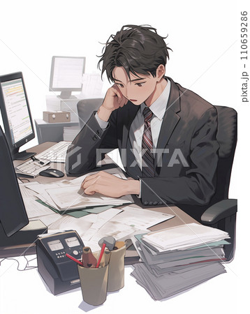 机で仕事をするサラリーマンのイラスト（AI生成画像） 110659286