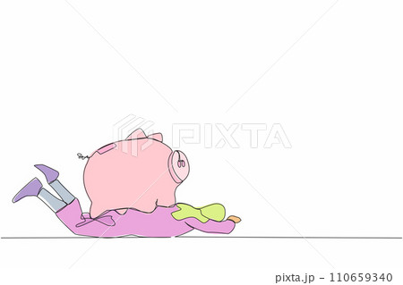 Single one line drawing Arabian businesswoman under heavy piggy bank burden. Executive manager with financial problems. Losing money in economic crisis. Continuous line draw design vector illustration 110659340
