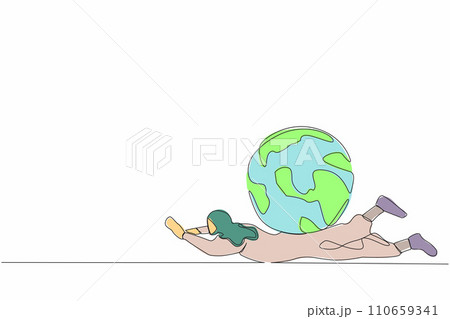Continuous one line drawing Arabian businesswoman under heavy globe burden. Global warming responsibility, world leader commitment to take care our planet. Single line draw design vector illustration 110659341
