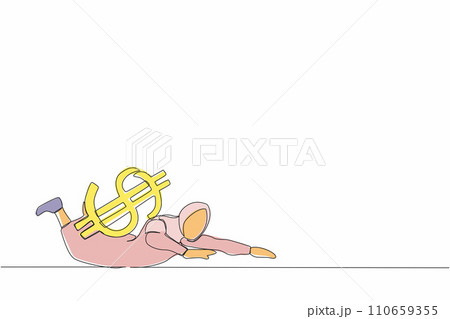 Single one line drawing Arab businesswoman under heavy dollar symbol burden. Overworked or overloaded worker due to economic crisis, debt pressure. Continuous line design graphic vector illustration 110659355
