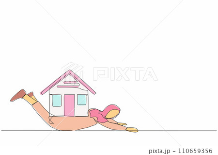 Continuous one line drawing Arabian businesswoman under heavy house burden. Financial mortgage, need pay taxes expenses. Bank loan. Lease, finance. Single line draw design vector graphic illustration 110659356