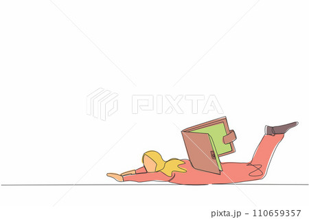 Single one line drawing Arabian businesswoman under heavy wallet burden. Stressed worker feeling bankrupt, no money. Financial crisis due to pandemic. Continuous line draw design vector illustration 110659357