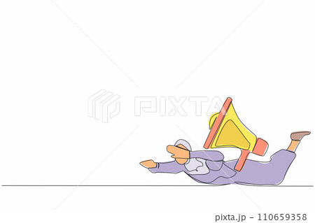 Single continuous line drawing Arabian businesswoman under heavy megaphone burden. Troubles in communication. Bullying, harassment at work, families. One line draw graphic design vector illustration 110659358