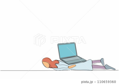 Continuous one line drawing Arabian businesswoman under heavy laptop computer burden. Tired or exhausted worker due to work pressure, burnout at office. Single line design vector graphic illustration 110659360