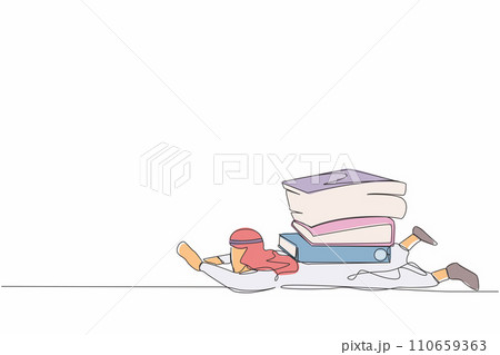 Continuous one line drawing Arab businessman under heavy pile paper folder burden. Tired person cannot cope with amount of work. Worker swamped with paperwork. Single line design vector illustration 110659363
