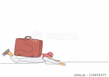 Continuous one line drawing Arabian businessman under heavy briefcase burden. Anxiety from work and overload. Pressure from too much responsibility. Single line draw design vector graphic illustration 110659375