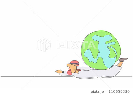 Single continuous line drawing Arab businessman under heavy globe burden. Natural resources, earth exploitation, industrial pollution. World economic crisis. One line draw design vector illustration Single continuous line drawing Arab businessman under heavy globe burden. Natural resources, earth exploitation, industrial pollution. World economic crisis. One line draw design vector illustration 110659380