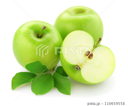 Glossy whole and sliced green apples with leaves Glossy whole and sliced green apples with leaves 110659558