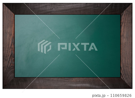 Blank green chalk board in brown frame on isolated background 110659826