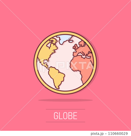 Vector cartoon globe world map icon in comic style. Round earth illustration pictogram. Planet business splash effect concept. 110660029