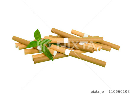 Menthol cigarettes and fresh mint leaves on colored background, Many cigarettes stacked together top view flat lay Menthol cigarettes and fresh mint leaves on colored background, Many cigarettes stacked together top view flat lay 110660108