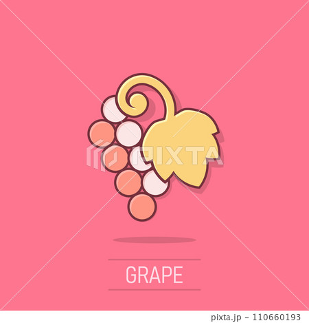 Grape fruits sign icon in comic style. Grapevine vector cartoon illustration on white isolated background. Wine grapes business concept splash effect. Grape fruits sign icon in comic style. Grapevine vector cartoon illustration on white isolated background. Wine grapes business concept splash effect. 110660193