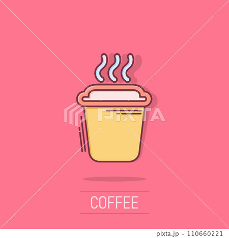 Coffee, tea cup icon in comic style. Coffee mug vector cartoon illustration pictogram. Drink business concept splash effect. Coffee, tea cup icon in comic style. Coffee mug vector cartoon illustration pictogram. Drink business concept splash effect. 110660221