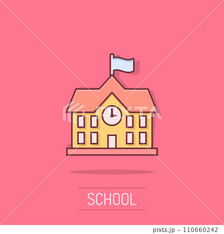 School building icon in comic style. College education vector cartoon illustration pictogram. Bank, government business concept splash effect. School building icon in comic style. College education vector cartoon illustration pictogram. Bank, government business concept splash effect. 110660242